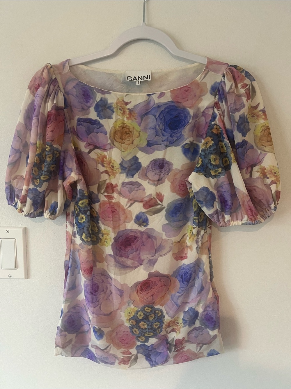 Ganni Floral Puff-Sleeve Blouse in Multi Pastel Women’s 38